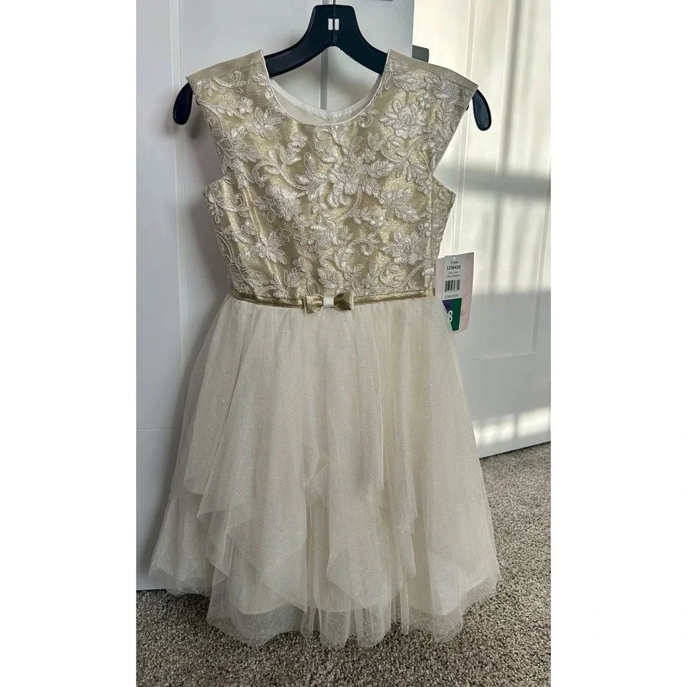 New Jona Michelle‎ Girls Floral Appliqué Metallic  Ruffle Dress size 8 Ivory
